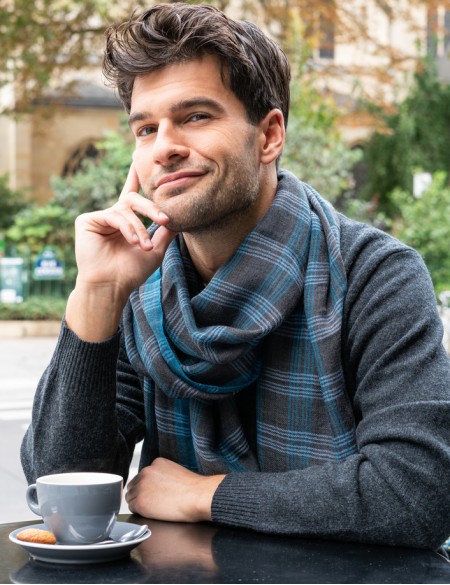 écharpe homme bleu grise à carreaux