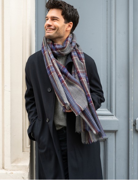 Écharpe homme gris à carreaux