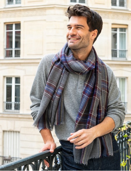 Écharpe homme gris à carreaux