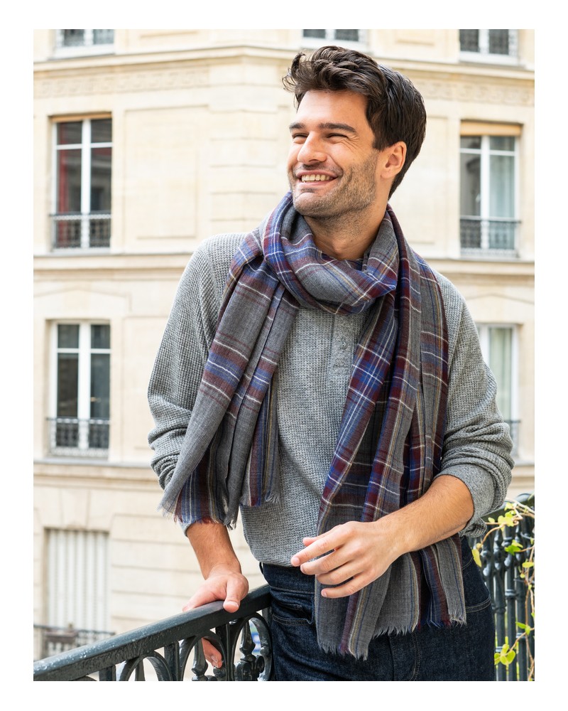 Écharpe homme gris à carreaux