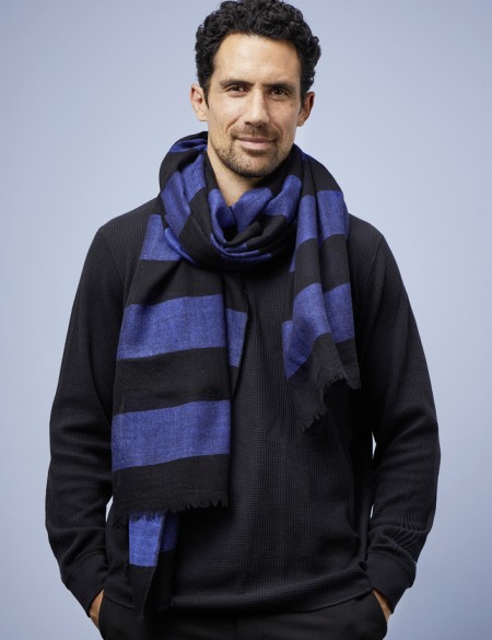 écharpe homme rayée noir bleu laine mérinos SVINOY av08 Paris