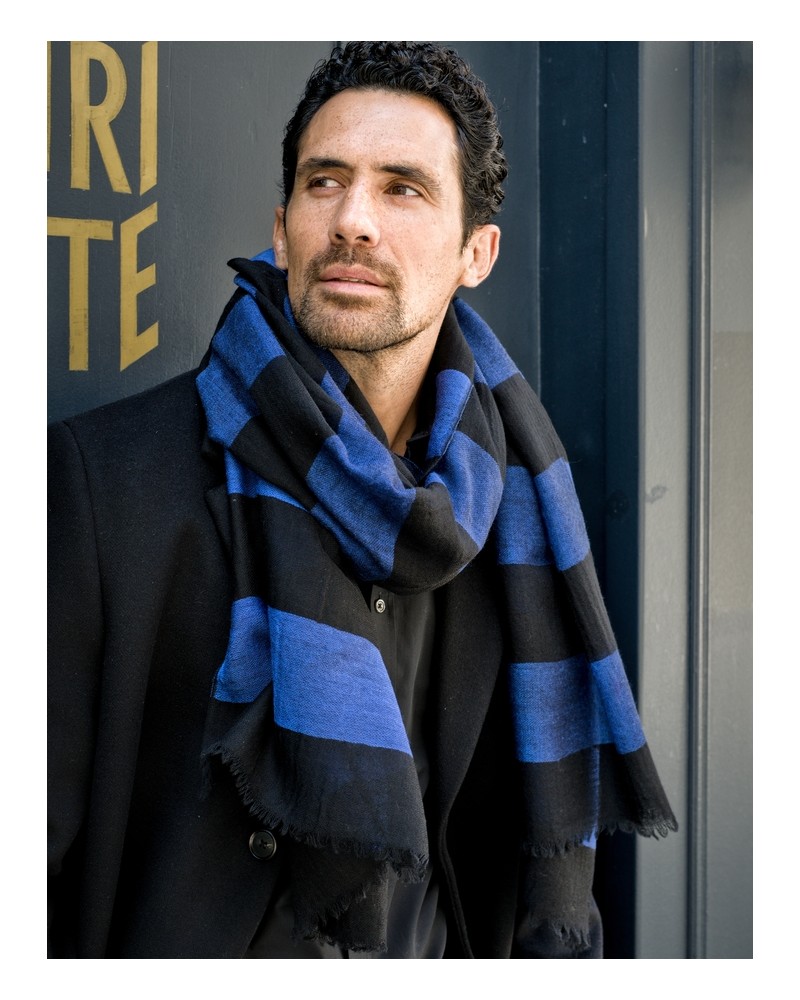 écharpe homme rayée noir bleu laine mérinos SVINOY av08 Paris