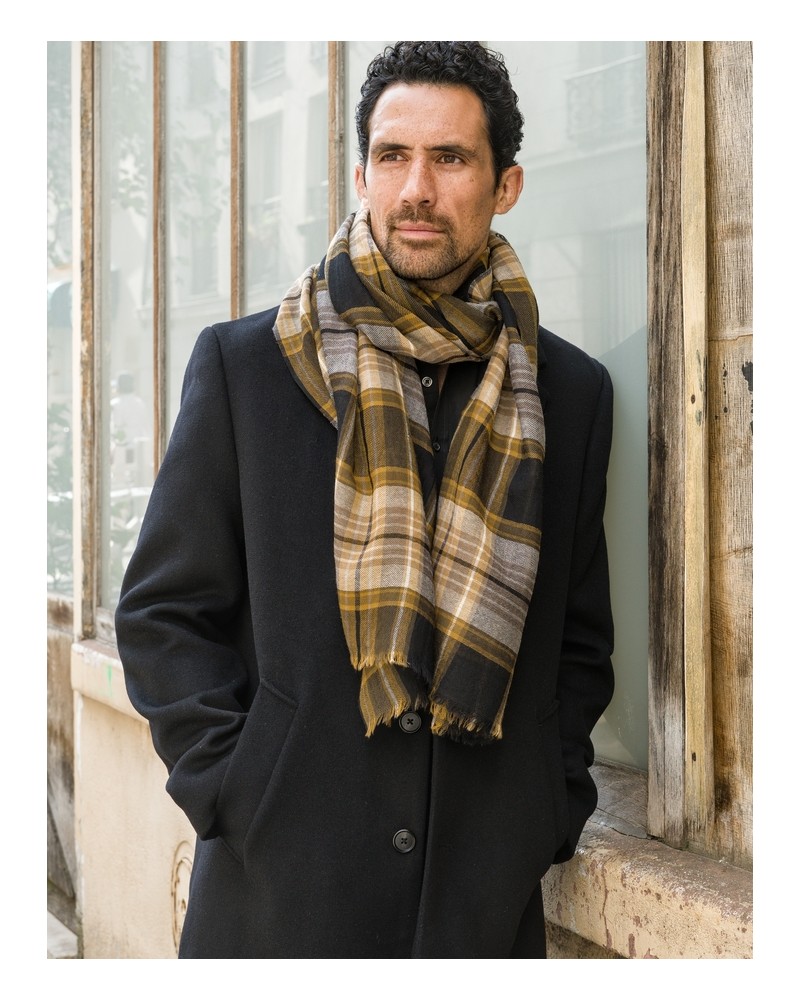 écharpe-tartan-camel-noir-laine-merinos-SENJA-av08-Paris