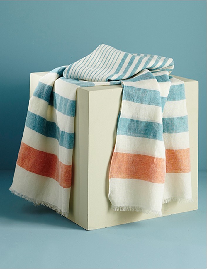 Chèche homme lin rayé bleu orange