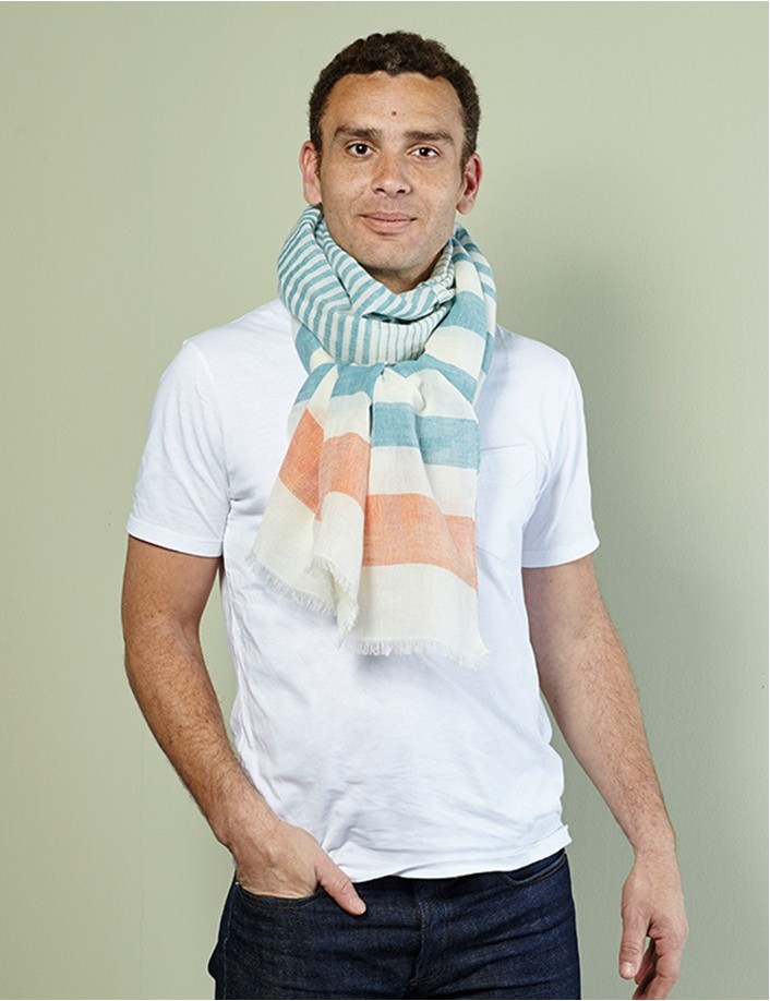 Chèche homme bleu orange en lin, esprit nautique